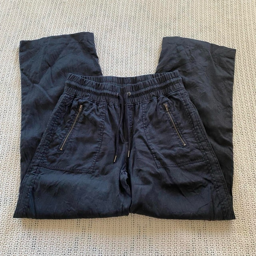Athleta Boho Earthy Black Linen Cabo Wide Leg Pants w Zipper Pockets Sz 10